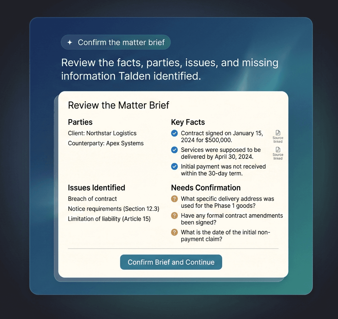Review the matter brief — parties, key facts, issues identified, and items that still need confirmation before anything is generated.