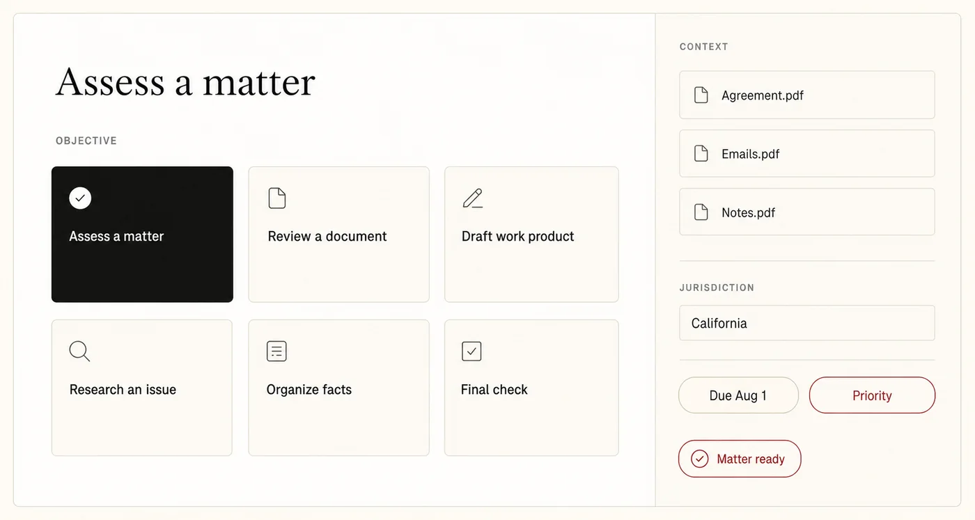 Matter intake — choosing the workflow, attaching the matter documents, and setting jurisdiction, due date, and priority.
