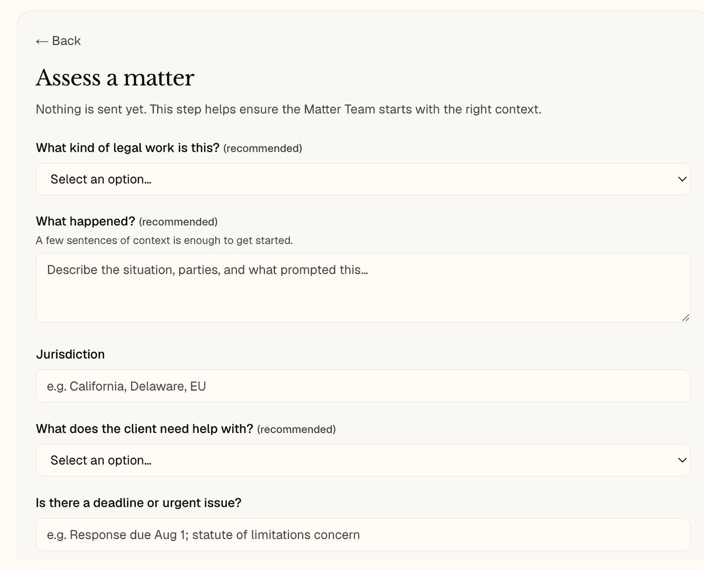 The Assess a matter intake form collects the kind of legal work, what happened, the jurisdiction, what the client needs help with, and any deadline before anything is sent.