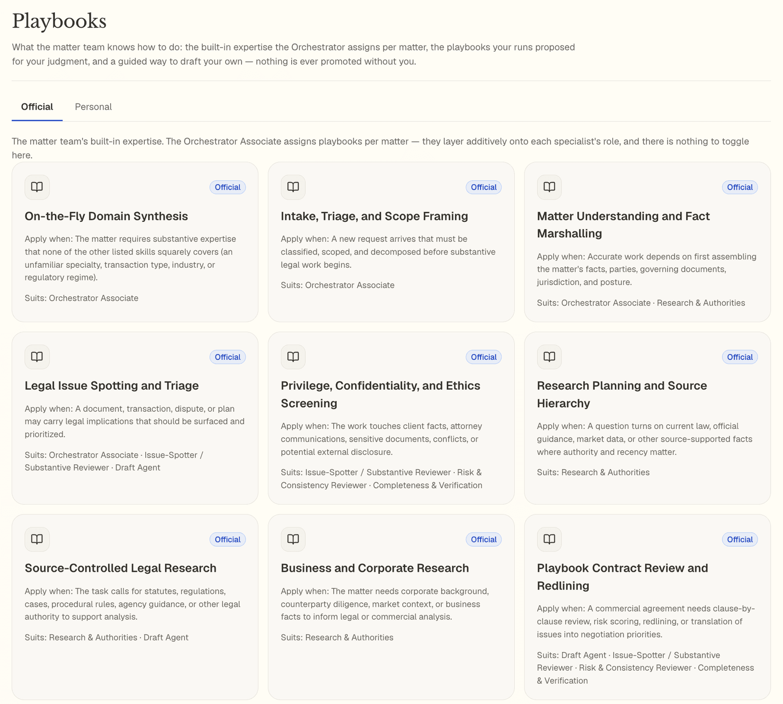 The Playbooks library lists the matter team's built-in expertise — including intake and scope framing, legal issue spotting, research planning and source hierarchy, and contract review and redlining — with the specialist roles each playbook suits.