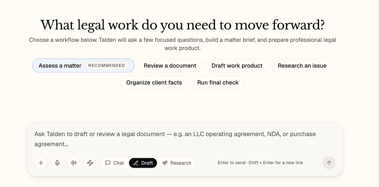 The Talden workflow selector: choose Assess a matter, Review a document, Draft work product, Research an issue, Organize client facts, or Run final check, or begin from the composer in Chat, Draft, or Research mode.
